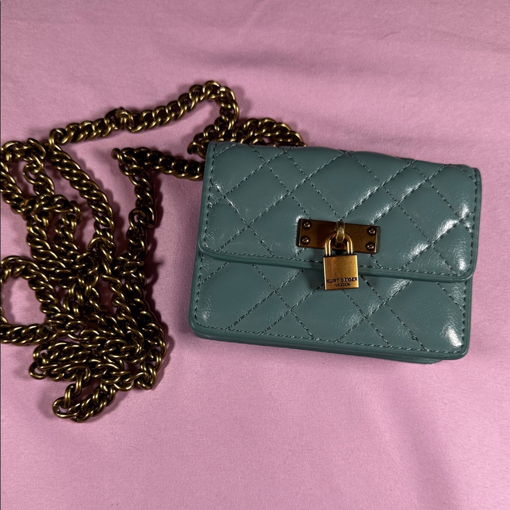 Kurt Geiger Micro Quilted Teal Crossbody with Gold Chain